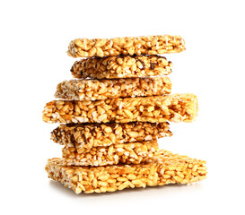 Crispy rice bars on white background