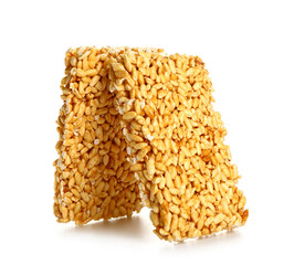 Crispy rice bars on white background
