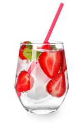 Glass of fresh strawberry lemonade on white background