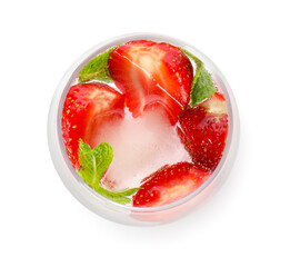 Glass of fresh strawberry lemonade on white background
