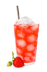 Glass of fresh strawberry lemonade on white background