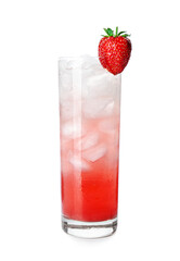 Glass of fresh strawberry lemonade on white background