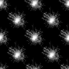 Seamless black and white pattern bright fireworks, salute. Festive new year patern for background, packaging, texture