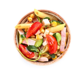 Bowl with tasty pasta salad on white background