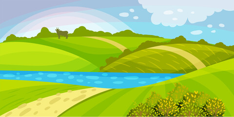 Obraz na płótnie Canvas Green Landscape with Hills, River and Clear Sky Vector Illustration