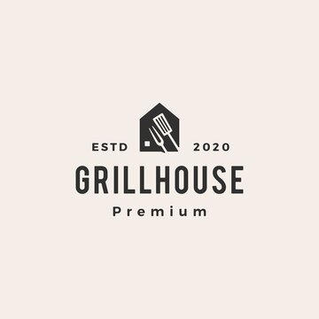 grill house fork hipster vintage logo vector icon illustration