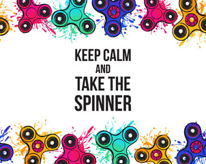 Watercolor fidget spinner banner. Keep calm and take the spinner. Vector hand drawn fashion illustration on white background in watercolor style