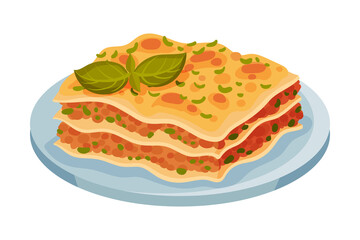 Italian Lasagna Dish with Stacked Pasta Layers with Meat and Tomato Filling Vector Illustration