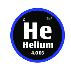 Helium (He) button on black and white circle button background with blue outline on the periodic table of elements with atomic number or a chemistry science concept or experiment.	