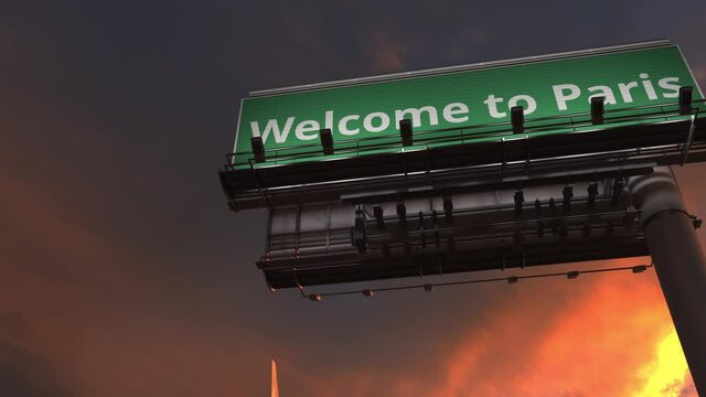 Airplane flies above WELCOME TO PARIS highway sign at night