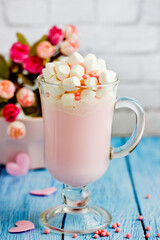 Pink milkshake with chocolate and marshmallow for Valentine's Day