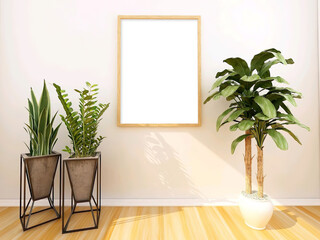 Blank photo frame mockup with plant in white wall background