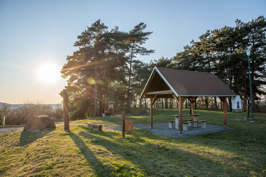 Pichora Marcomanni burial ground south of Dobrichov in the Kolin region Czech republic. Archaeological excavations With small lookout tower with wiew to small city Dobrichov. Educational trail.