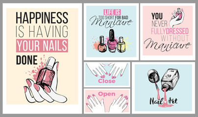 Collection of manicure salon positive banner. Fashion illustration in watercolor style. Nail lacquer ads, nail polish, vogue ads for design