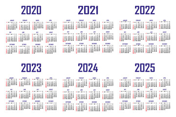 Calendar 2020, 2021, 2022, 2023, 2024, 2025. The week begins on Sunday. Simple calendar template. Portrait of vertical orientation. Annual organizer of stationery. Vector