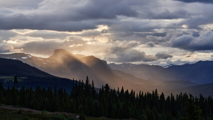 Landscape of Hemsedal, Norway. Natural sun light hitting the valley. Shot in July. 
