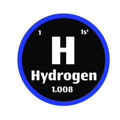 Hydrogen (H) button on black and white circle button background with blue outline on the periodic table of elements with atomic number or a chemistry science concept or experiment.	