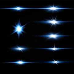 Vector illustration of a blue color. Set of  light effects. Flashes and glares. Bright rays of light. Glowing lines. Vector illustration. Christmas flash. dust.