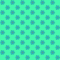 Atom particles with neutrons and electrons rotating and blue background repeat pattern
