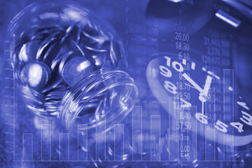 Double exposure of alarm clock and coin in glass jar with price of stock exchange and candle stick, time for savings money concept.
