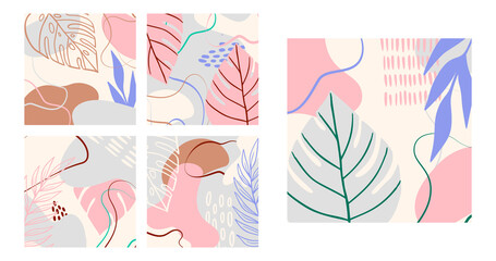 Abstract tropical background with geometric shapes and palm leaves in pastel colors.