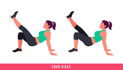 Crab Kicks exercise, Woman workout fitness, aerobic and exercises. Vector Illustration.