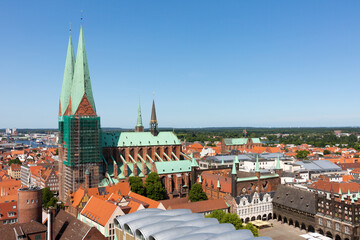 Obraz premium High angle view of the Marienkirche Lübeck. The historic church is an UNESCO World Heritage Site.