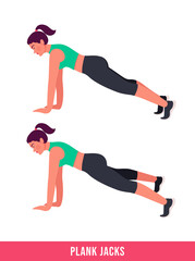 Fototapeta na wymiar Plank Jacks exercise, Woman workout fitness, aerobic and exercises. Vector Illustration.