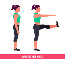 Walking High Kicks exercise, Woman workout fitness, aerobic and exercises. Vector Illustration.