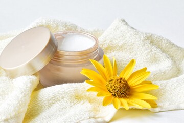 Hair mask,  jar mockup on bath towel background. Cosmetic cream blank container. Body care product, cleaning scrub packaging. Facial skincare, moisturising mask, hair conditioner closeup image.