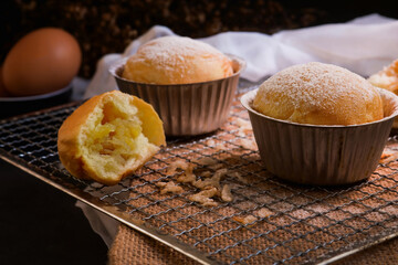 Chicken pies homemade gourmet in the cup.  Bread puff dessert baked in the kitchen. 