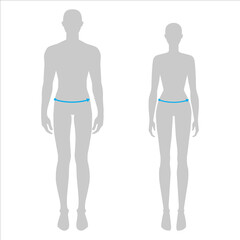 Fototapeta na wymiar Women and men to do lower waist measurement fashion Illustration for size chart. 7.5 head size girl and boy for site or online shop. Human body infographic template for clothes. 