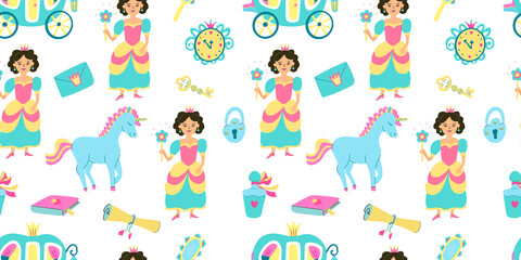 Vector seamless pattern with princess, carriage, unicorn. Perfume bottle, scroll, wall clock, fairytale book, hand mirror, key and padlock. Great for fabrics, wrapping paper, covers and kids design.