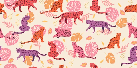 Fototapeten Seamless pattern with tropical leaves and leopards. Vector graphics © Екатерина Зирина