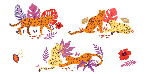 Collection of leopards and tropical leaves isolated on white background. Vector graphics.