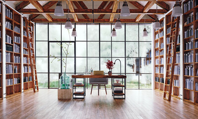 the home office  with great library. - obrazy, fototapety, plakaty