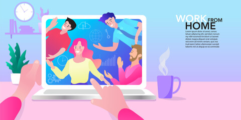 vector employee talk on video call on laptop with diverse colleagues. video conferencing at home man and woman having video call meeting with clients at home.