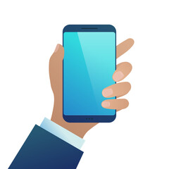 Hand holding smartphone. Businessman using modern device with blank touchscreen. Template for advertising or presentation of mobile app, web site, banner design flat vector illustration