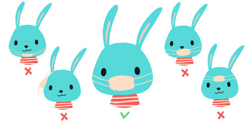 The instruction for children of how to wear the face mask properly, correctly. Illustration shows right and wrong position of the mask on a cute bunny rabbit character.