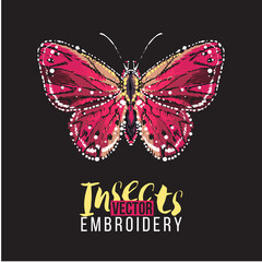 Cute greeting card with small red butterfly. Embroidery and rhinestones fashion crystal patch with insects illustration. Isolated on black background.