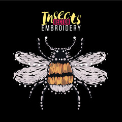 Contemporary greeting card with small funny bee. Embroidery and rhinestones fashion crystal patch with insects illustration. Isolated on black background.