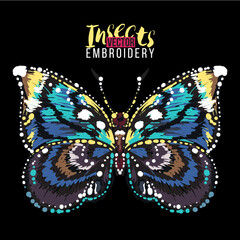 Contemporary greeting card with colorful butterfly. Embroidery and rhinestones fashion crystal patch with insects illustration. Isolated on black background.