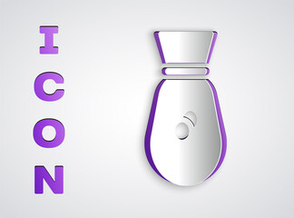 Paper cut Old money bag icon isolated on grey background. Cash Banking currency sign. Paper art style. Vector.