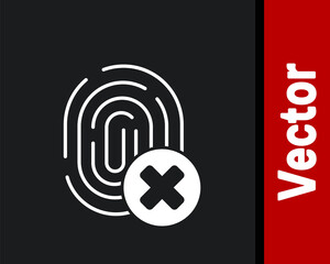 White Cancelled fingerprint icon isolated on black background. Access denied for user concept. Error, fraud. Identification sign. Touch id. Vector.
