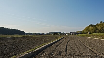 Fototapeta na wymiar Dusk in a rural Japanese town, the countryside not yet planted