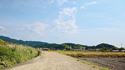 Fototapeta na wymiar Early summer in Japan, a lone road and blue skies in an agricultural village deep in the mountains