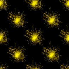 Seamless new year pattern. Bright yellow fireworks, salute isolated on black background. Festive patern for background