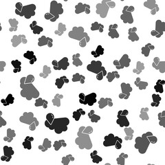 Black Cloud with rain icon isolated seamless pattern on white background. Rain cloud precipitation with rain drops. Vector.