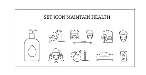 Protect and Maintain Health, Prevention and symptoms Coronavirus Covid 19 line icons set isolated on white. Perfect outline health medicine symbols pandemic banner. Quality design elements virus treat