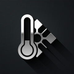 Silver Meteorology thermometer measuring icon isolated on black background. Thermometer equipment showing hot or cold weather. Long shadow style. Vector.